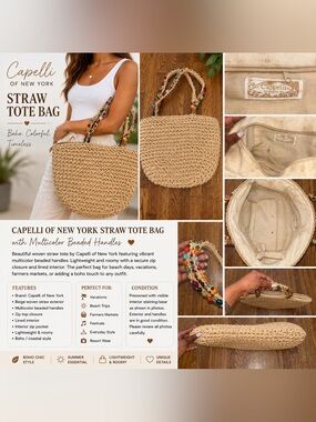 Capelli of New York Beige Straw Tote with Multicolor Beaded Handles